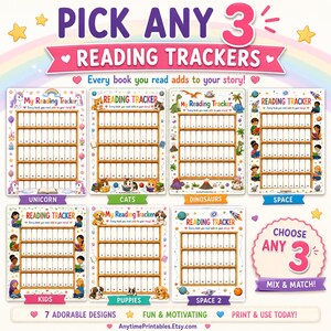 May include: A collection of seven printable reading tracker sheets featuring themes like unicorns, cats, dinosaurs, space, and kids. Each sheet displays a bookshelf grid with numbered slots for tracking books read, with colorful illustrations and text.