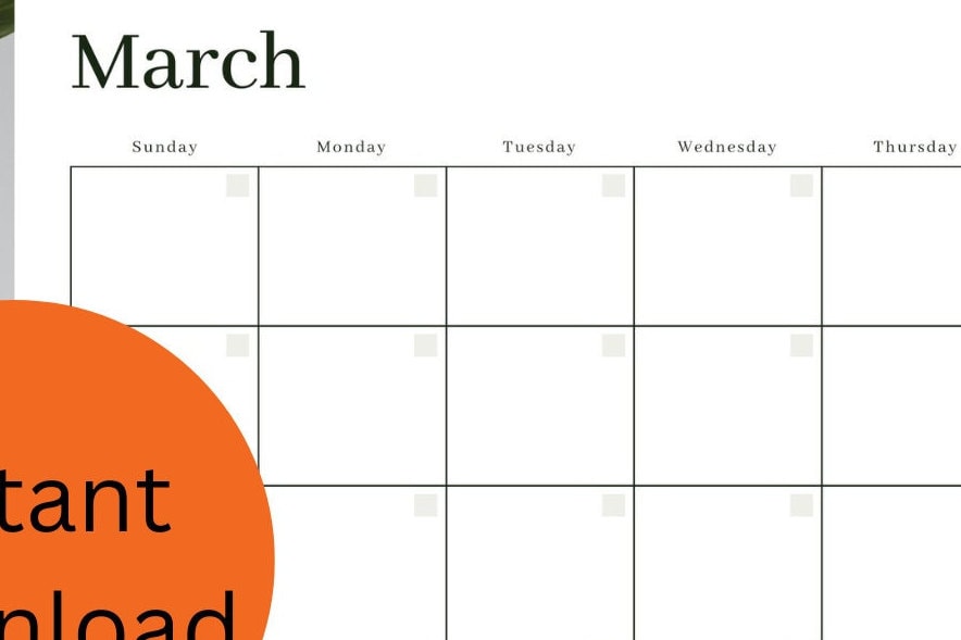 Blank March Calendar, Perpetual Calendar, Digital Download, Simple ...