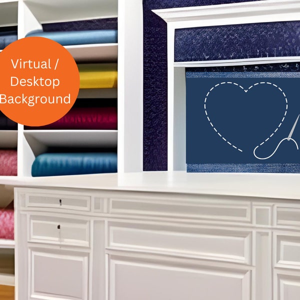 White Sewing Room Zoom Background Digital Virtual Background for Zoom Bookshelf with Fabric