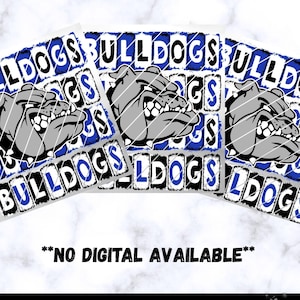 Royal Bulldogs mascot transfer, blue bulldogs mascot sheet, Bulldogs DTF transfers, Royal and Black bulldogs print, Bulldog iron on