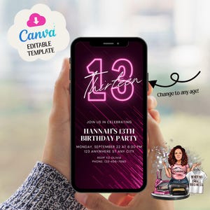 13.Geburtstags-Neoneinladung, rosa Neon-digitale Einladung, Telefoneinladung, Text-Party einladen, Mädchen-Neon-Party einladen