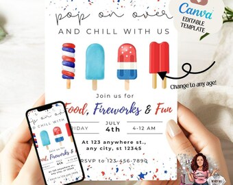 Invitación editable emergente, invitación del 4 de julio, invitación para fiesta del Día de la Independencia, patriótica en rojo, blanco y azul, invitación para paletas de fiesta, CANVA