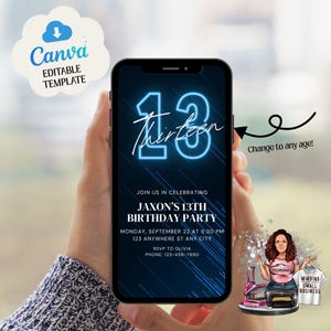 13. Geburtstagseinladung, Blue Neon Digitale Einladung, Telefoneinladung, Text-Party einladen, bearbeitbare Canva-Vorlage