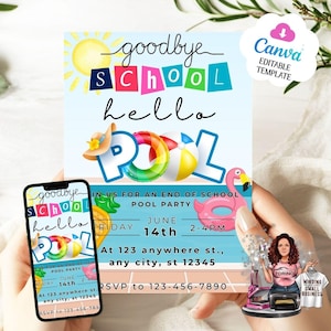 Plantilla de invitación "Adiós al colegio, hola a la piscina", invitación editable para fiesta en la piscina, invitación editable para vacaciones de verano, descarga instantánea