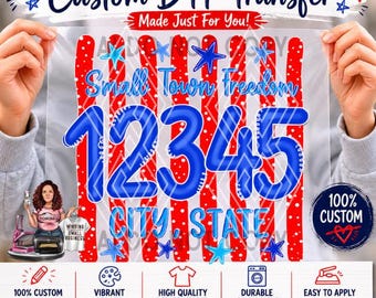 Custom Zip code Small Town Freedom USA Striped Doodle DTF print, Patriotic Hometown, Preppy 4th of July DTF transfer, custom dtf