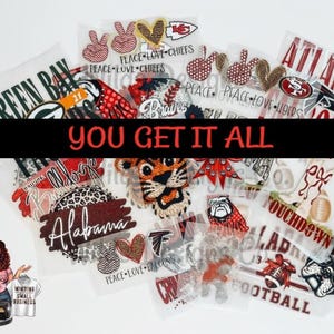 May include: A collection of heat transfer vinyl designs featuring sports team logos, peace signs, and the text "YOU GET IT ALL". The designs include team names like "Atlanta" and "Green Bay". A woman is shown with a heat press.