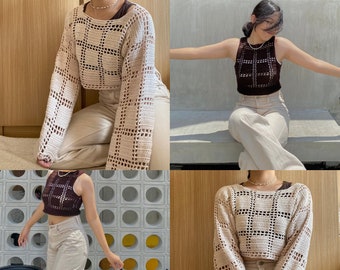 May include: Four images showcasing crochet tops. Two are long-sleeved, cream-colored with a grid pattern. The other two are sleeveless, dark brown with a grid pattern. All tops are paired with light-colored pants. The tops have a relaxed fit.