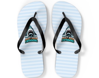 Summerween Shark Just Keep Swimming Flip Flops  Nautical Beach Sandals