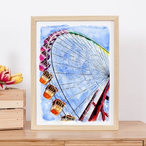 Könnte beinhalten: Aquarellgemälde eines Riesenrads mit bunten Gondeln vor blauem Himmel. Das Rad ist teilweise von einer roten Stützkonstruktion verdeckt.