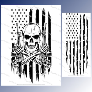 May include: Black and white illustration of a skull with two crossed rifles in front of an American flag with a distressed look.