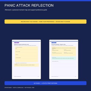 Puede incluir: Un documento digital titulado Panic Attack Reflection que incluye un mapa de momentos personales y una guía de preferencias de apoyo. Contiene dos páginas: una tarjeta de preferencias opcional y un ejemplo ficticio, con un total de 32 páginas.