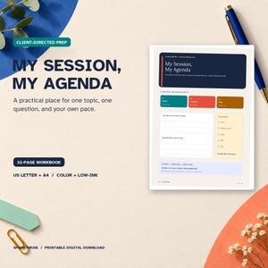Pode incluir: Um caderno de exercícios de 32 páginas intitulado My Session, My Agenda, com um layout de preparação dirigido ao cliente. O documento inclui secções para tópicos, perguntas e notas, disponível nos formatos US Letter e A4, a cores e baixo consumo.