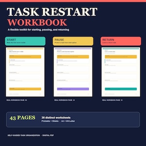 May include: A Task Restart Workbook digital PDF with 43 pages and 38 distinct worksheets. The layout features three sections titled Start, Pause, and Return, each with specific prompts and colour-coded headers in teal, yellow, and coral on a dark background.