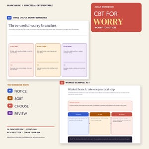 May include: A digital workbook titled CBT FOR WORRY featuring sections on Three useful worry branches and a Worked branch: take one practical step. The layout includes colour-coded boxes for sorting concerns, actionable steps, and examples for cognitive behavioural therapy.