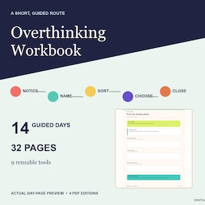 Peut inclure: Un cahier d'exercices numérique intitulé A Short, Guided Route Overthinking Workbook. Il présente un processus en cinq étapes : Notice, Name, Sort, Choose et Close, représentées par des cercles colorés. Il contient 14 jours guidés, 32 pages.