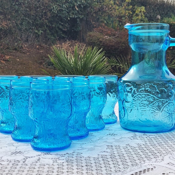 Carafe et 10 verres bleus Italiens Fidenza Vetraria Bormioli