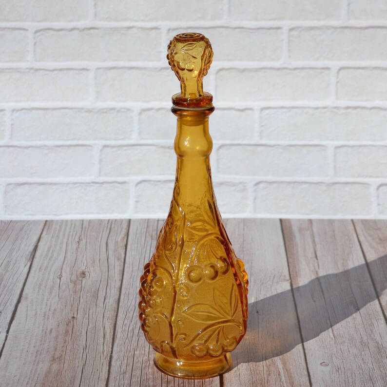 Carafe Bottle in Embossed Amber Glass Italy Empoli Etsy