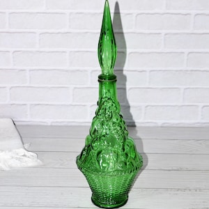 Vintage green Empoli Italian Carafe Bottle - Empoli Italian Mid Century Modern green Glass Genie Bottle Decanter