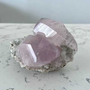 High Grade Old Stock Lavender Purple Hubei Calcite Twin on Quartz UV Fluorescent China