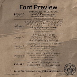 May include: Font preview showing six different font styles in uppercase and lowercase letters. The font styles are labelled Design 1 through Design 6. The text "Larger font previews are available upon request." is displayed below the font styles.