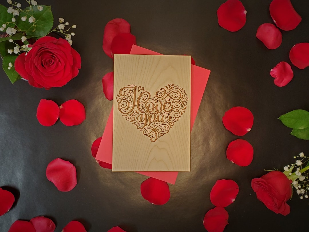 I Love You Heart Engraved Wood Greeting Card With Custom Message for ...