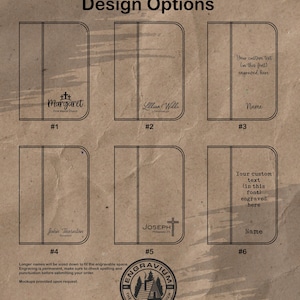 May include: Six different design options for personalised engraved wooden boxes. Each box has a different design with text and a name. The designs include a cross, a church, and a name. The text is in different fonts. The boxes are made of wood and have a natural brown colour.