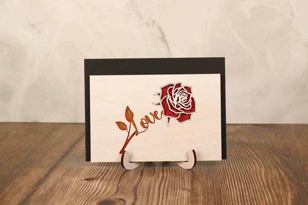 Rose of Love Engraved Wood Greeting Card for Valentines Day | Romantic ...