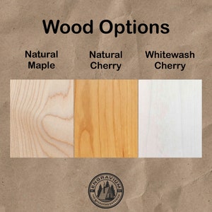 May include: Three wood samples showing different wood options: Natural Maple, Natural Cherry, and Whitewash Cherry.