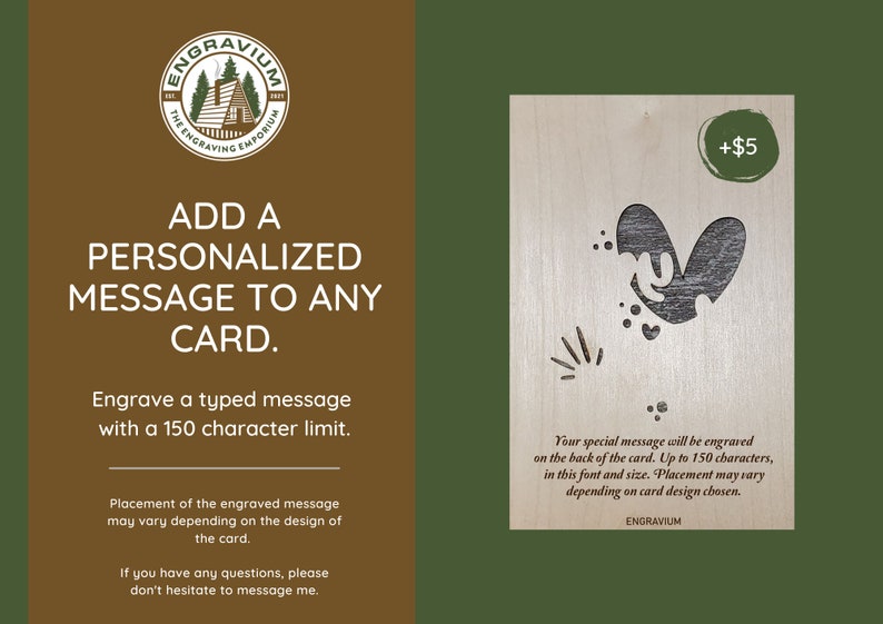 May include: A wooden card with a heart design engraved on it. The card is light brown and has a white background. The text on the card reads "Your special message will be engraved on the back of the card. Up to 150 characters, in this font and size. Placement may vary depending on card design chosen. ENGRAVIUM".