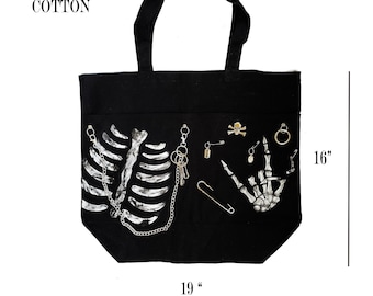 Punk tote bag with chains Goth bag Cotton tote Black tote Skeleton Tote Bag Halloween Skeleton Bag with chain