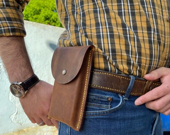 Belt Clip & Loop, vintage leather phone case for belt, 14 pro max holster, iphone 13 belt holder, custom size leather belt phone pouch