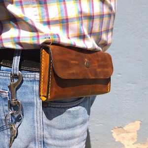 Set of One Phone Holder and Earphone Holder, Leather Horizontal Phone Holsters, Handmade Phone Case for Belt, Leather iphone 16 belt holster