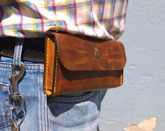 Set of One Phone Holder and Earphone Holder, Leather Horizontal Phone Holsters, Handmade Phone Case for Belt, Leather iphone 16 belt holster