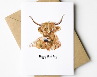 1 x biglietto di auguri – Happy Birthday Highland Cow Cattle Scozia Animali Amore Moglie Partner Mamma Papà Ragazze Ragazzi Amico #79768