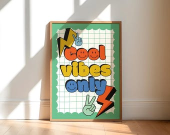 Solo vibraciones geniales, impresión infantil de estilo retro, decoración colorida para niños, símbolo de la paz, rayo, arte de pared para niños pequeños, impresiones para preadolescentes, azul, verde, rojo