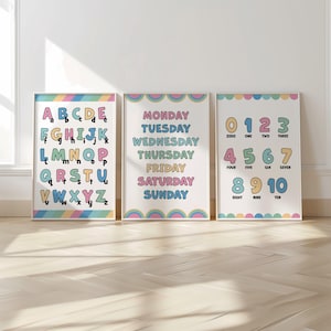 Lernposter für die Vorschule, Lernposter für Kinder, Kinder lernen, Schulposter, Alphabet, Kinderwandkunst, Spielzimmerdekor, 3er-Set