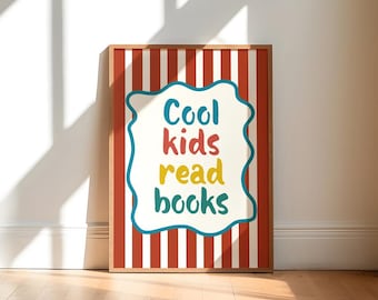 Cool kids read books print, kids playroom print, reading print, bookworm, reading nook, boys room wall art, retro stripe, red yellow green