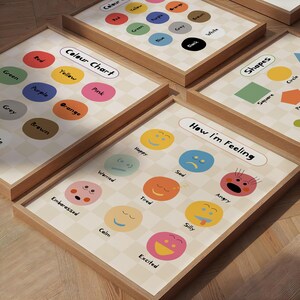 May include: A set of framed educational prints with wooden frames. The prints display colour charts, shape charts, and an "How I'm Feeling" chart. The colour charts show colour names with matching coloured circles.