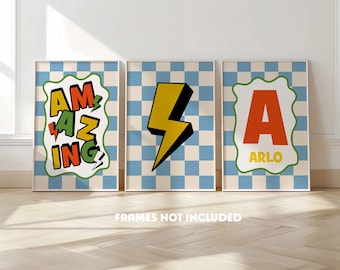 Impresión inicial para niños, juego de 3, dormitorio azul, impresiones retro, tablero de ajedrez, impresión infantil moderna, arte de pared para niños pequeños, decoración de sala de juegos, guardería retro