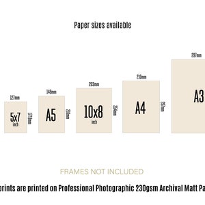 Graphic showing what size the prints are available in 6x4-A3. Prints are printed on Professional Photographic 230gsm Archival Matt Paper. Frames not included.