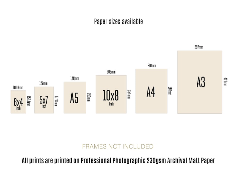 Graphic showing what size the prints are available in 6x4-A3. Prints are printed on Professional Photographic 230gsm Archival Matt Paper. Frames not included.