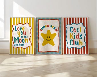 Set med 3, färgglada barntavlor, cool barnklubb, älskar dig, tavlor för pojkars sovrum, citat för barnrum, väggkonst för barn, lekrumsinredning, småbarn