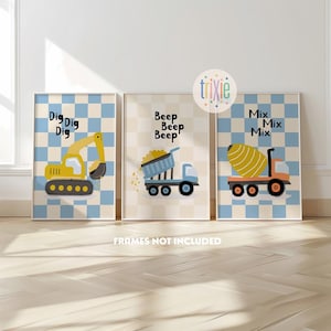 Construction vehicle, set of 3, trucks and diggers, boys nursery prints, boys bedroom prints, building, kids playroom decor, children's wall