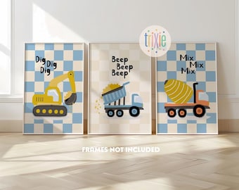 Vehículos de construcción, conjunto de 3, camiones y excavadoras, láminas para habitación infantil, láminas para dormitorio infantil, construcción, decoración para sala de juegos infantil, pared infantil