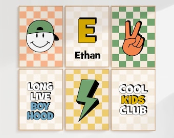 Boys bedroom prints, set of 6, retro style, smile face prints, gallery wall, cool kids print, colourful children's, checkerboard