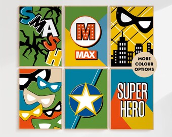 Superheldenafdrukken jongenskamer, set van 6, gepersonaliseerde retro posters met superheldenthema, kunst aan de muur speelkamer, kleurrijk kinderdecor, helder