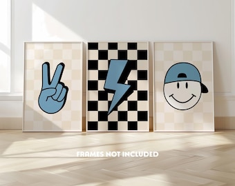 Blue bedroom prints, boys bedroom, teen prints, set of 3, playroom decor, cool kids print, checkerboard