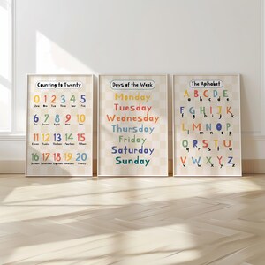 May include: Three framed educational posters. The left poster displays numbers from zero to twenty. The middle poster lists the days of the week. The right poster shows the alphabet. All posters have a beige background with colourful text.