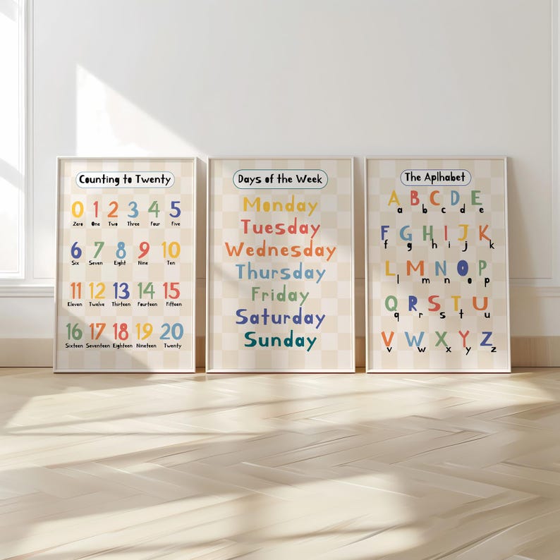 May include: Three framed educational posters. The left poster displays numbers from zero to twenty. The middle poster lists the days of the week. The right poster shows the alphabet. All posters have a beige background with colourful text.