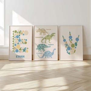 Personalisiert, Dinosaurierdrucke, 3er-Set, Dinosaurierkindergarten, Anfangsdruck, Jungenzimmer, Dinosaurierzimmer, Kleinkindzimmer